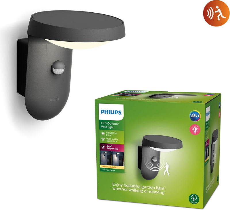 Philips LED Philips Tyla Außenwandleuchte – Anthrazit – mit Sensor – 9 W