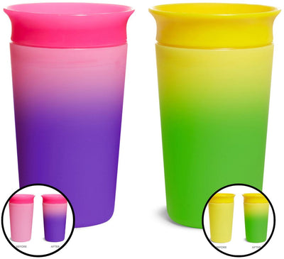 Munchkin Miracle Anti-Leck-360°-Trinkbecher – 2er-Pack Trinkbecher – Farbwechsel – hitzeempfindlich – Übungsbecher für Babys und Kinder – 266 ml – 2 Stück – rosa gelb
