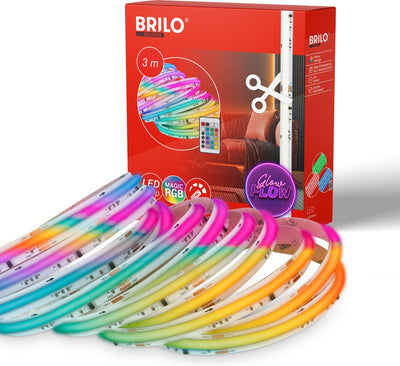 Briloner – Cob-LED-Streifen 3 m – 2322480 – dynamischer RGB-Farbwechsel – Fernbedienung – selbstklebend – dimmbar – Regenbogeneffekt – 3 m – weiß