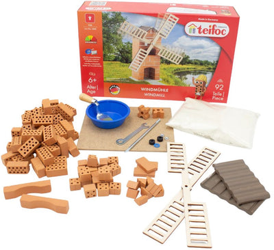 Teifoc® Baukasten – Windmühlen-Bauset – 100 Teile – echte Mini-Steine mit Zement, Schüssel und Kelle – Bausatz für Kinder ab 6 Jahren