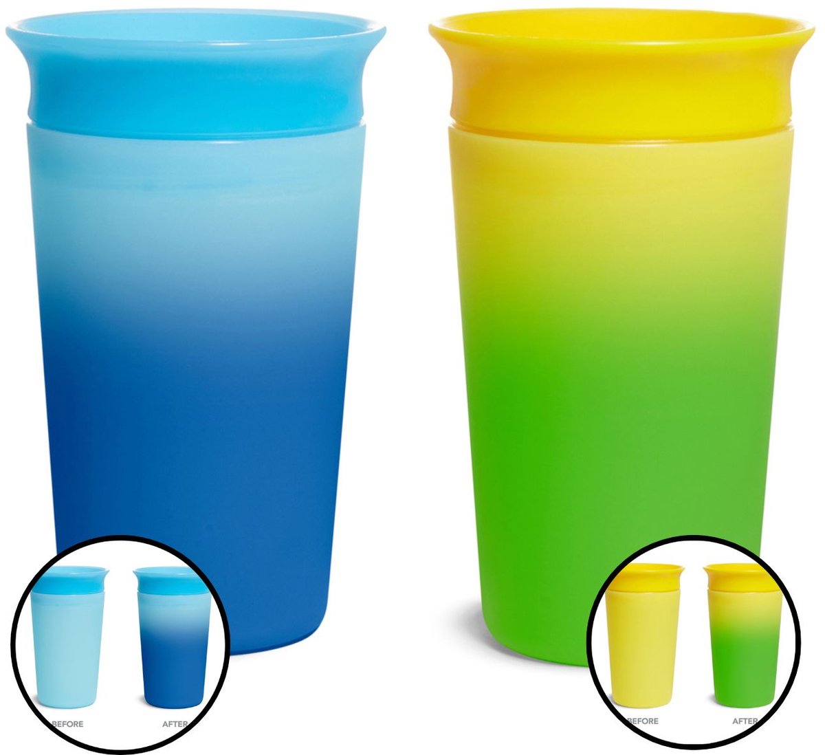 Munchkin Miracle Anti-Leck-360°-Trinkbecher – 2er-Pack Trinkbecher – geänderte Farbe – hitzeempfindlich – Übungsbecher für Babys und Kinder – 266 ml – 2 Stück – blau gelb