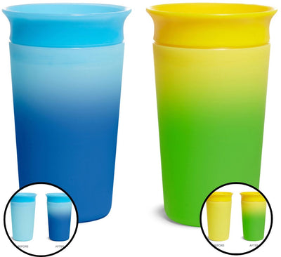 Munchkin Miracle Anti-Leck-360°-Trinkbecher – 2er-Pack Trinkbecher – geänderte Farbe – hitzeempfindlich – Übungsbecher für Babys und Kinder – 266 ml – 2 Stück – blau gelb