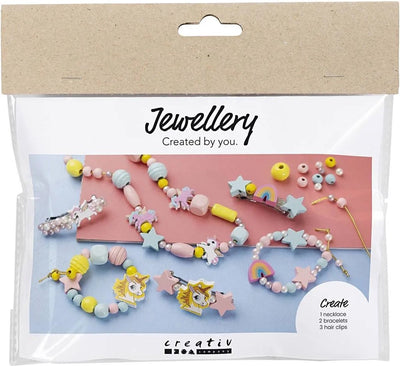 Creativ Company Mini-Hobby-Set Schmuck, Halskette, Armbänder, Ohrringe, Hellblau, Hellrot, Gelb, 1 Box