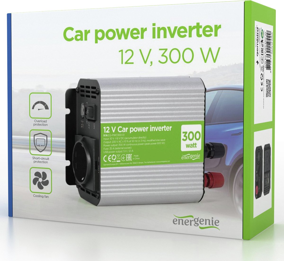 Energenie Auto-Wechselrichter 12 V > 220 V – 300 W – Steckdose + 1 USB – zB-pwc300-01