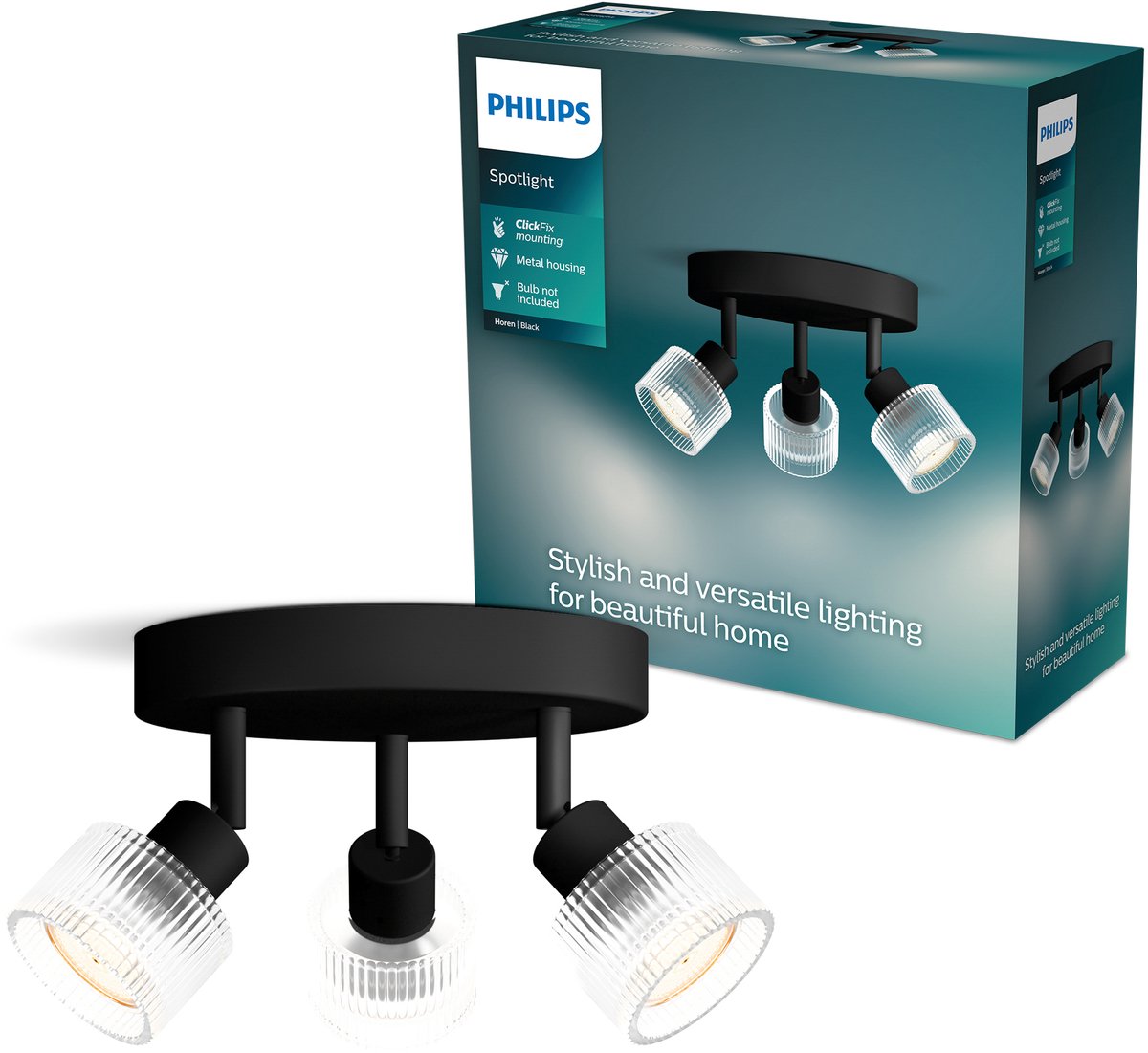 Philips Hear Aufbaustrahler – LED-Gu10-Fassung – ausrichtbar – 3 Lichtpunkte – runde Grundplatte – Clickfix – schwarz mit geriffeltem Glas