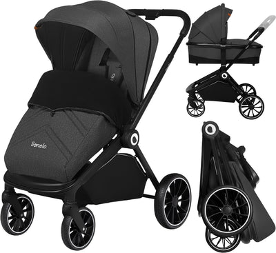 Lionelo Mika 2in1 Kinderwagen – Kinderwagen-Babywanne – wendbarer Sitz – kompakt zusammenklappbar mit Sitz – XXL wasserdichtes Verdeck UPF50+ – verstellbare Rückenlehne, Fußstütze – PU-Räder mit Federung – inklusive Zubehör-Set bis 22 kg