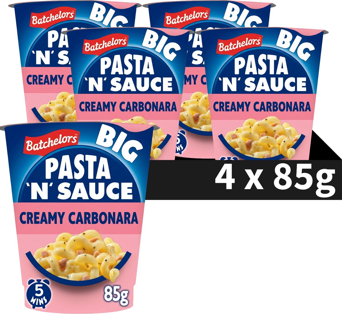 Batchelors Big Pasta 'n' Sauce Creamy Carbonara - Fertiggericht im Becher - 4 Stück - schnell fertig