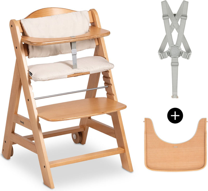 Hauck Beta+ Hochstuhl-Set – FSC®-zertifiziert – Holz – inklusive Rollen und Holztisch – naturbelassen