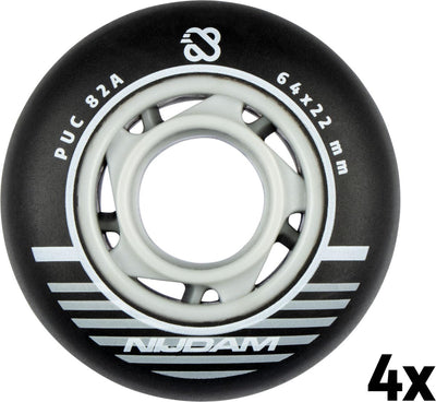 Nijdam Inline-Skate-Rollen-Set – 64 x 24 mm – 4 Stück – Schwarz – Schwarz, Silber, Weiß