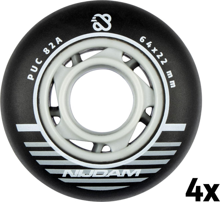 Nijdam Inline-Skate-Rollen-Set – 64 x 24 mm – 4 Stück – Schwarz – Schwarz, Silber, Weiß