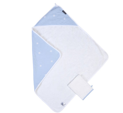 Childhome Badeumhang + Waschlappen – Blumenkollektion – 80 x 80 cm – weiß blau – extra weich saugfähig – 100 % Baumwolle