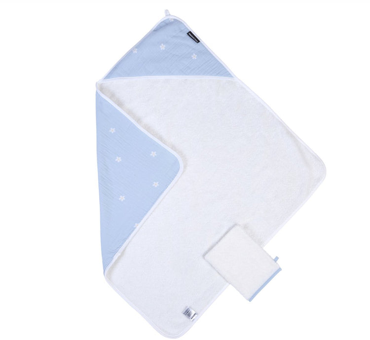 Childhome Badeumhang + Waschlappen – Blumenkollektion – 80 x 80 cm – weiß blau – extra weich saugfähig – 100 % Baumwolle