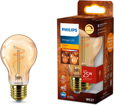Philips LED Philips Vintage LED – dimmbare Lampe – 25 W – extra warmweißes Licht: 1800 K – E27-Fassung – bernsteinfarbenes Glas – Standard-Lampenform