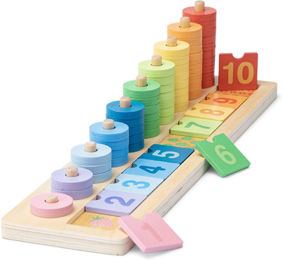 Woet® Zähl- und Stapelspiel aus Holz für Kinder – Zählen und Sortieren lernen – Mathe-Lernspiel 1 bis 10 mit Farben, Zahlen und Ringen – Montessori-Spielzeug – ab 3 Jahren