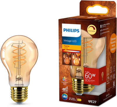 Philips LED Philips Vintage LED – dimmbare Lampe – 60 W – extra warmweißes Licht: 2200 K – E27-Fassung – bernsteinfarbenes Glas – Standard-Lampenform