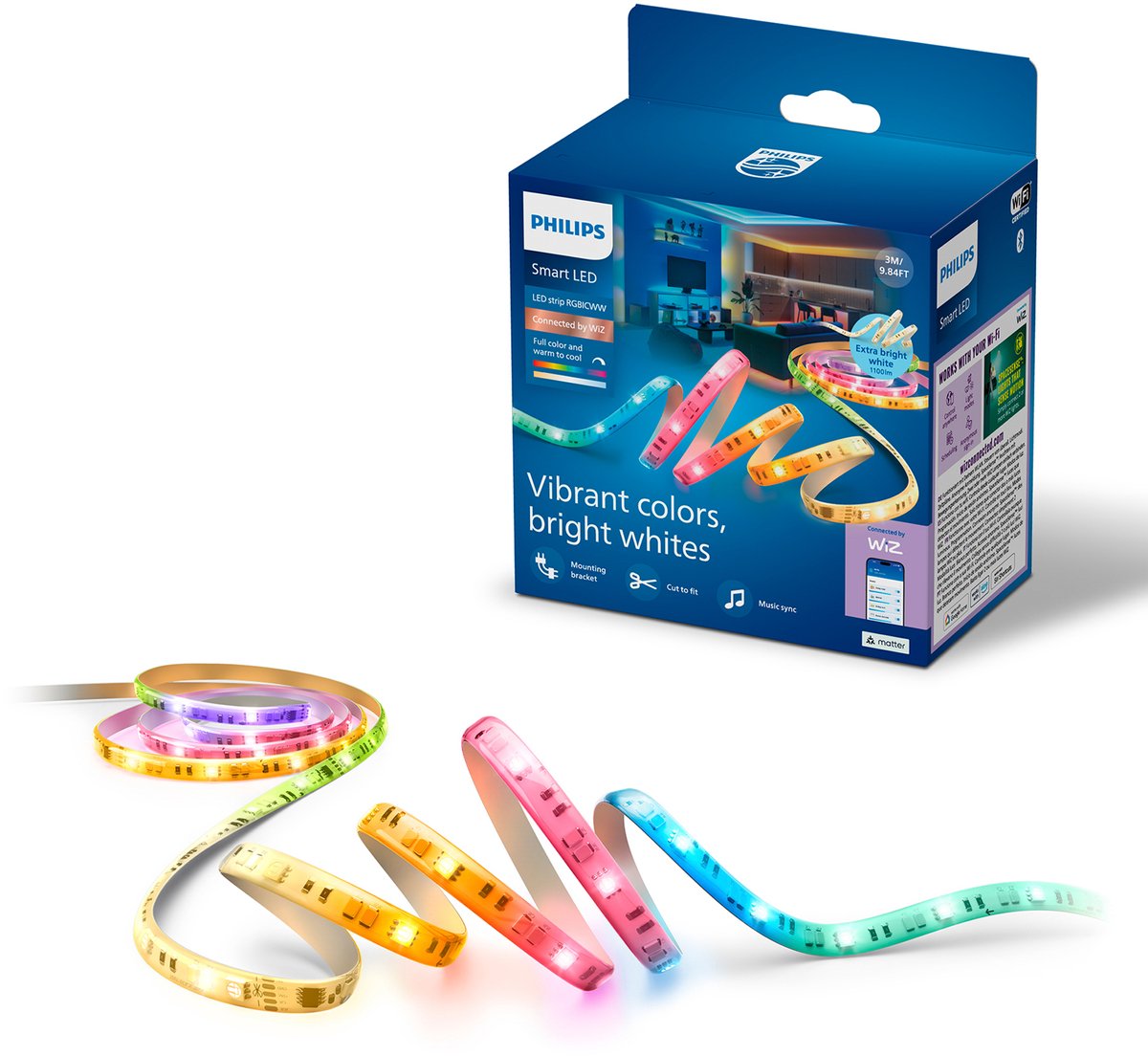 Philips Lighting Philips Smart Lighting – LED-Streifen – Länge: 3 m – RGBICWW – farbiges und einstellbares weißes Licht – Musiksynchronisierung – funktioniert mit der Wiz-App – WLAN