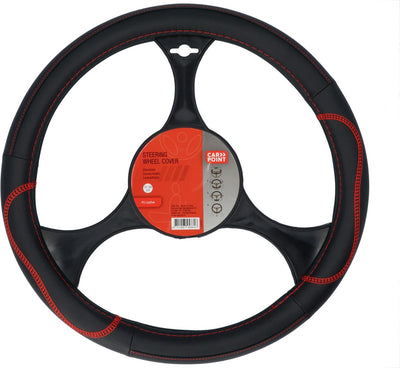 Carpoint Lenkradbezug Auto – schwarzes PU-Leder mit roten Akzenten – für Lenkräder mit einem Durchmesser von 37–39 cm