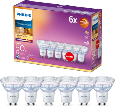 Philips LED-Energiesparspot – 50 W – GU10 – dimmbares warmweißes Licht – 6 Stück – Energiekosten sparen