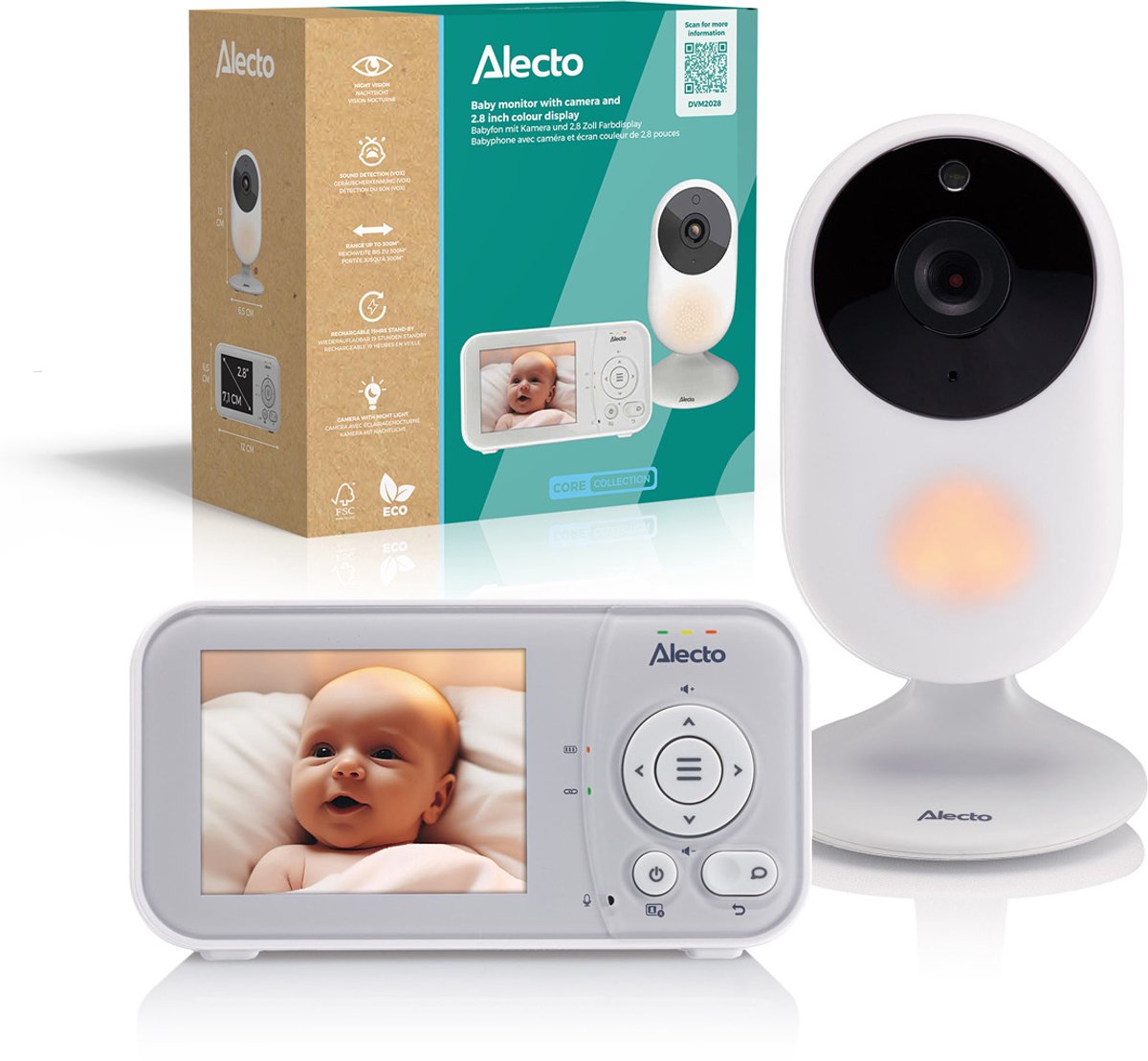 Alecto Babyphone mit Kamera – Kernkollektion – 2,8-Zoll-Bildschirm – erweiterbar auf 2 Kameras – Nachtlicht – DVM2028 – Weiß