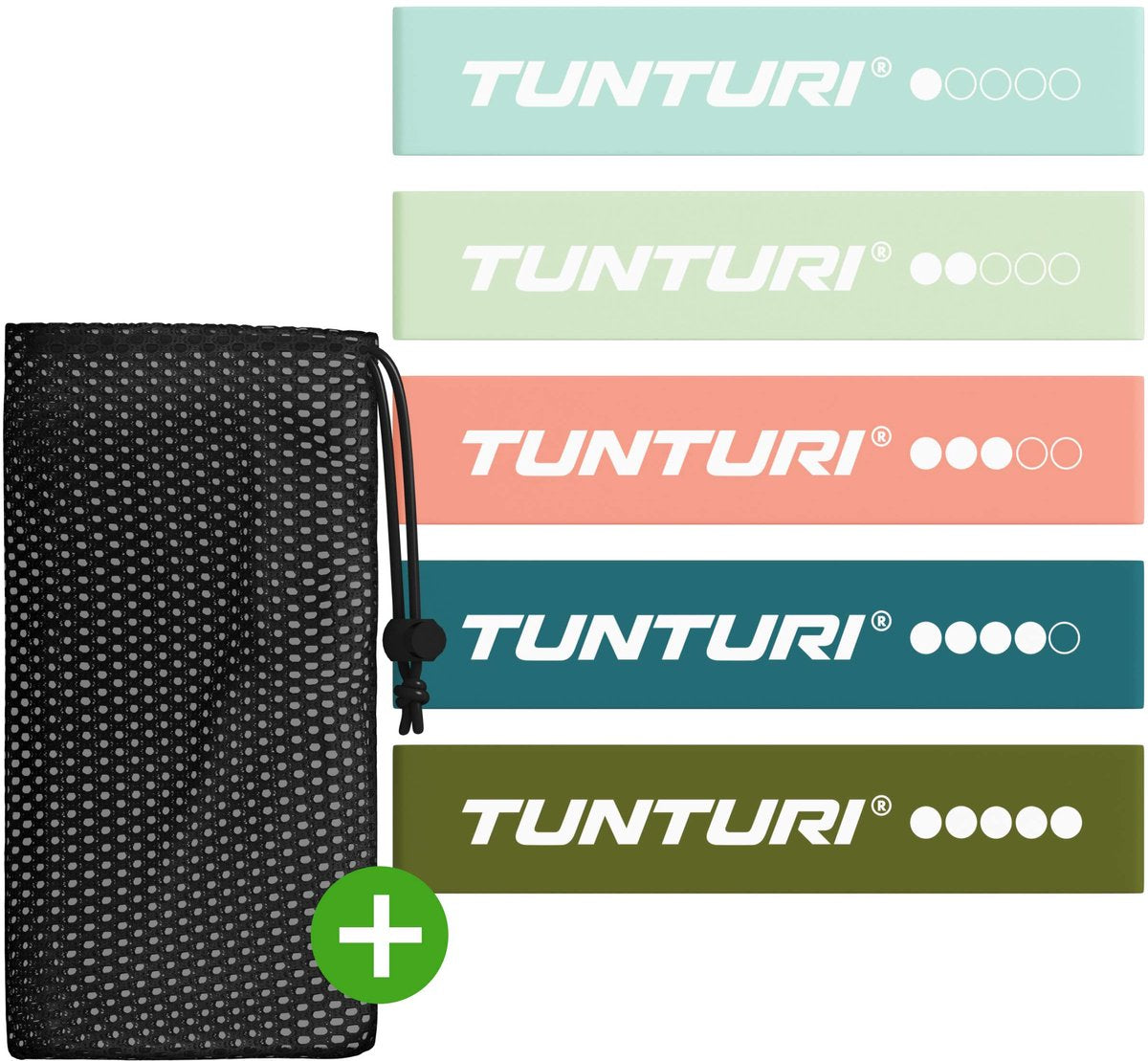 Tunturi 5 Widerstandsbänder Set - Mini Power Body Band - Widerstandsband - Fitness Elastic - Fitnessband - Trainingsband - Gymnastikband - inkl. kostenlose Fitness-App