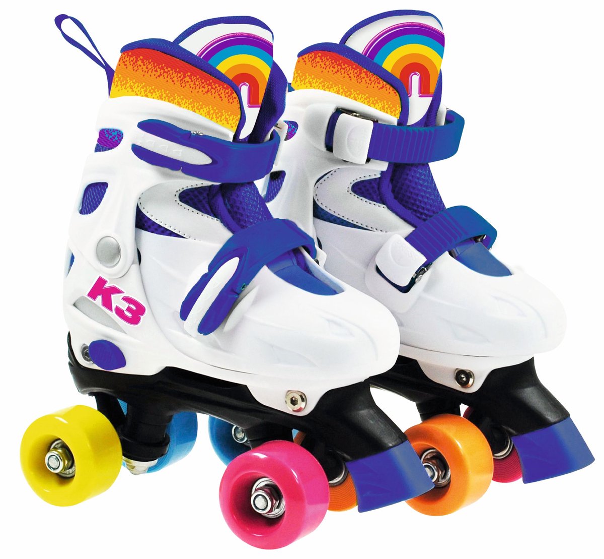 K3 - Rollschuhe - Größe 34 37 - in 4 Größen verstellbar - mit Stopper - Weiß - Regenbogen - mit Rollen in 4 Farben - 3 Varianten
