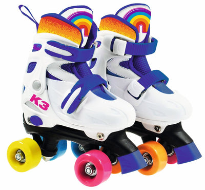 K3 - Rollschuhe - Größe 34 37 - in 4 Größen verstellbar - mit Stopper - Weiß - Regenbogen - mit Rollen in 4 Farben - 3 Varianten