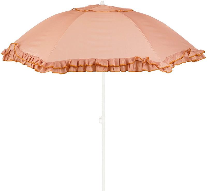 Glimmerdekorationen kippbarer Sonnenschirm mit Rüschen – Stockschirm 238 x ø195 cm – Garten- oder Balkonschirm – Polyester, Stahl – Pfirsich
