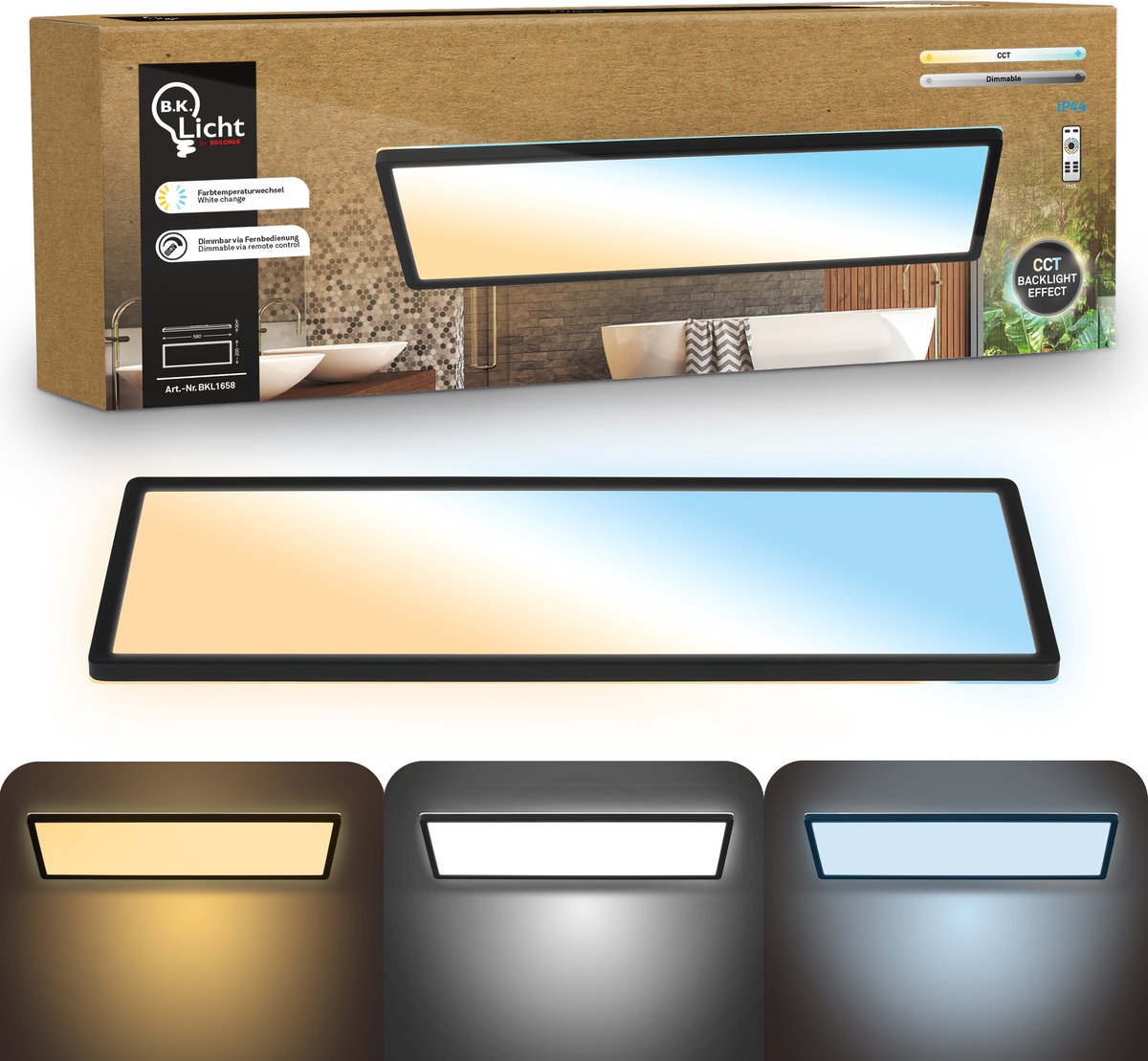 B.K.licht flach - Dimmbare Badezimmerlampe Deckenlampe - Deckenlampe mit Fernbedienung - Badezimmerbeleuchtung mit CCT - IP44 - 58 x 20 cm - Schwarz