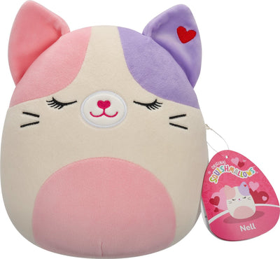 Squishmallows Squishmallow Valentinstag – 19 cm Plüsch-Nell – rosa und lila Kattunkatze mit rosa Bauch, geschlossenen Augen und Herz
