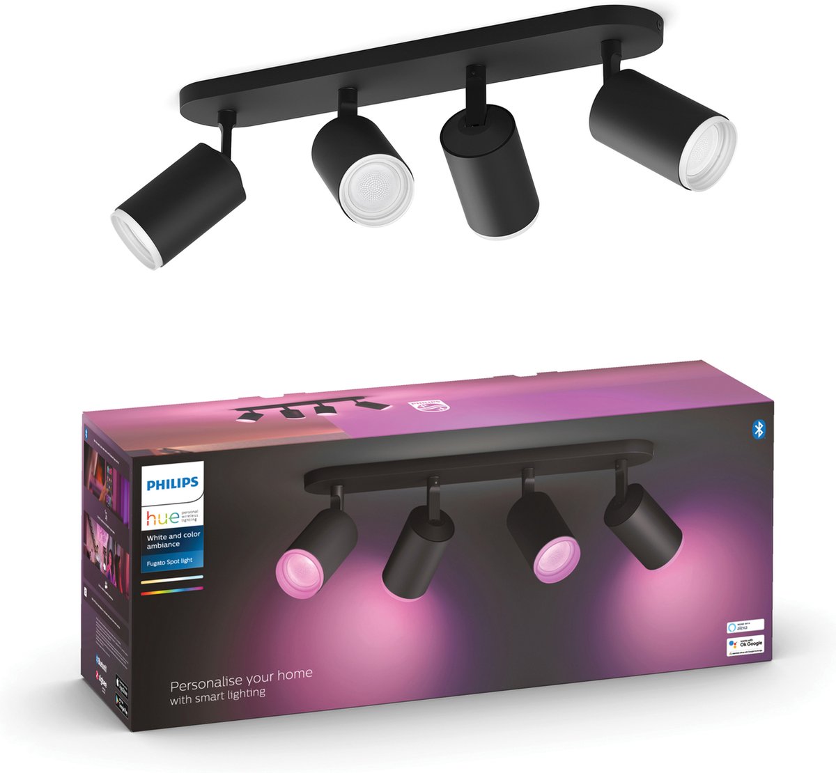 Philips Hue Fugato Aufbaustrahler – weißes und farbiges Licht – 4 Spots – Schwarz