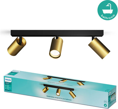 Philips LED Philips Idris Spot – Deckenspot – spritzwassergeschützt IP44 – 5W – Schwarz mit Gold – Badezimmerlampe – drei Lichtpunkte – nur für LED-Spots geeignet