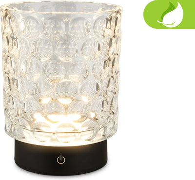 Briloner sunora – kabellose LED-Tischleuchte IP44 – 7560015 – dimmbar – Touch – kabellos – spritzwassergeschützt – austauschbarer Akku und Lichtquelle – ø11 x 15 cm – klar