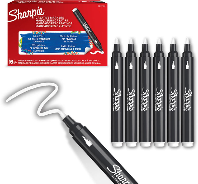 Sharpie Creative Marker Acrylfarbenmarker | runde Spitze | wasserbasierte Farbmarker | Tinte verläuft nicht und ist für die meisten Oberflächen geeignet | weiß | 6 Stück