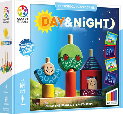 Smartgames Tag Nacht – Holzstapelspiel Formpuzzle – 48 Lernaufgaben – Solospiel für Kleinkinder – ab 1,5 Jahren