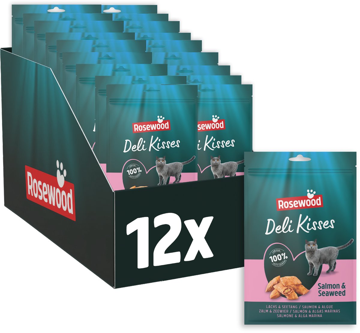 Rosewood Deli Kisses Lachsalgen – Katzensnack mit Lachs – ohne Zusatz von Salz oder Zucker – 12 Beutel à 60 g