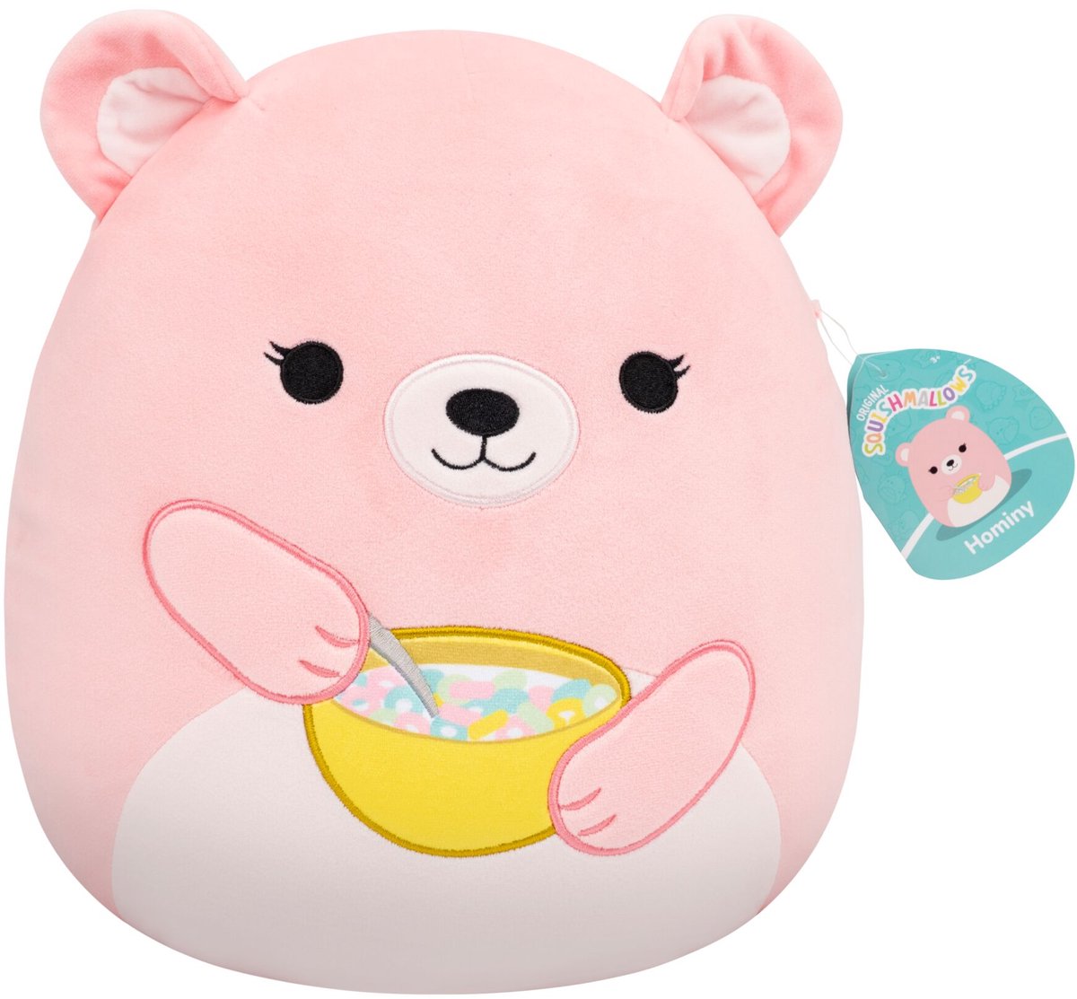 Jazwares Squishmallows – mittelgroßer Plüsch (Hominy – Pfirsichbär mit Müslischale) – 30 cm Plüsch
