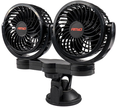 Amio Doppel-Autoventilator mit Saugnapf und USB-Ladegerät, schwarz (5 x 10 cm), 12 V