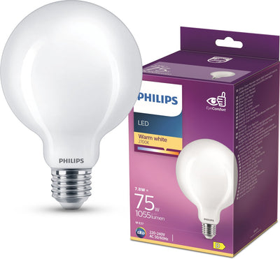Philips LED-Lampe – Kugellampe mit E27-Fassung – warmweißes Licht: 2700 K – 75 W – Milchglas