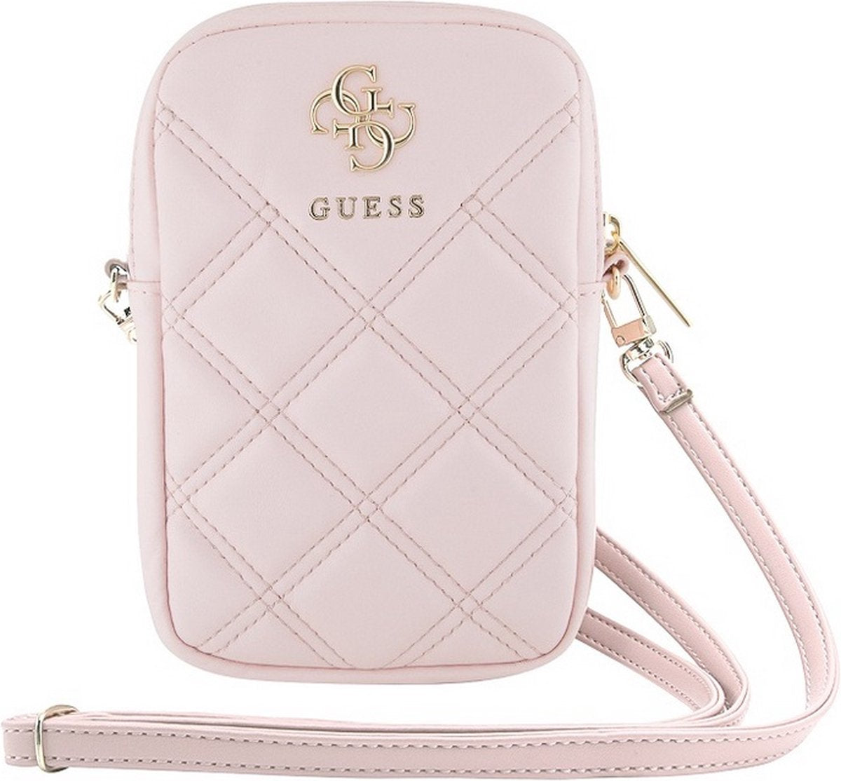 Guess gesteppter 4g-Logo-Geldbörsenbeutel aus Metall mit Riemen (7 Zoll) – Rosa