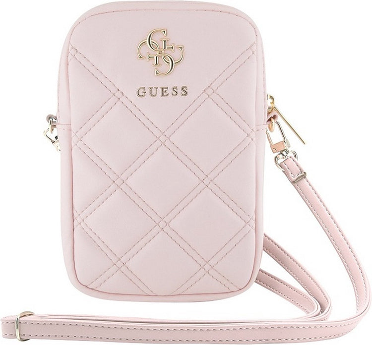 Guess gesteppter 4g-Logo-Geldbörsenbeutel aus Metall mit Riemen (7 Zoll) – Rosa