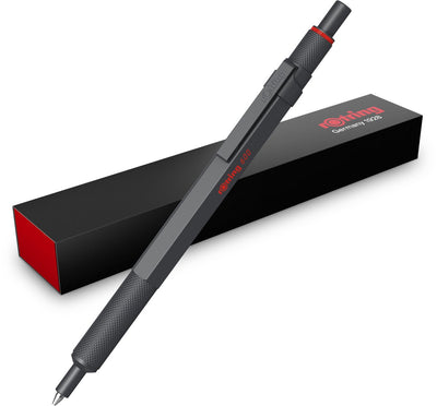 Rotring 600 Kugelschreiber | mittlerer Punkt | schwarze Tinte | Stift mit Vollmetallgehäuse | dunkler Stein | rutschfester Rändelgriff und Sechskanthülse | nachfüllbar