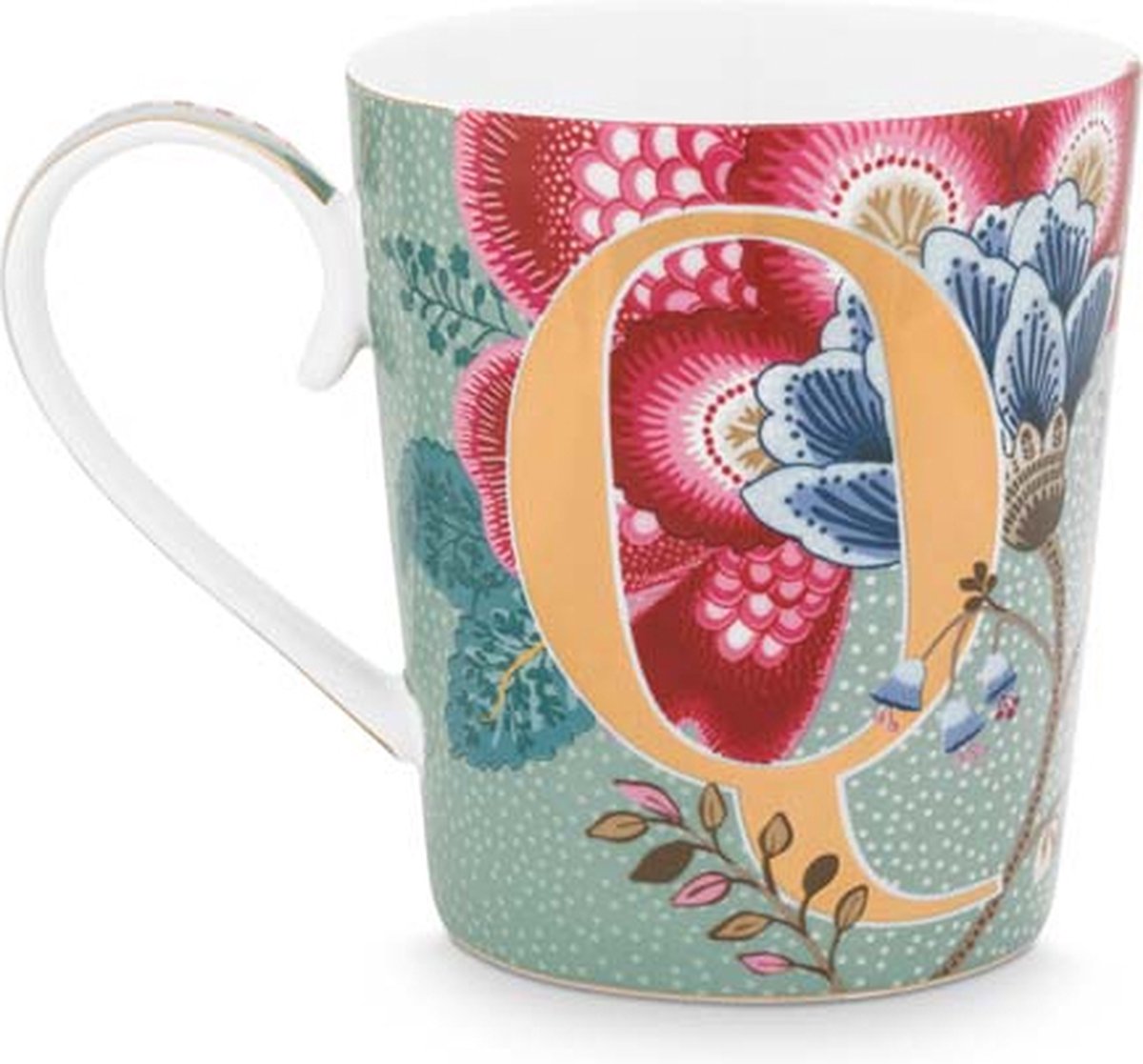 Pip Studio Alphabet-Becher – q – floral fantasy hellblau – Becher – 350 ml – Porzellan – Buchstabenbecher q – hellblau