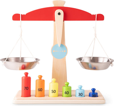 Woet® Spielzeugwaage aus Holz – inklusive 6 Spielzeuggewichten – Waage – pädagogisches Rollenspiel – ab 3 Jahren