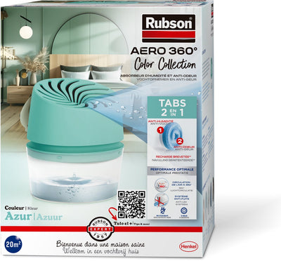 Rubson Feuchtigkeitsabsorber aero360 Farbkollektion Türkis 450g Box | Feuchtigkeitsaufnehmendes Luftentfeuchtergerät | Luftentfeuchter | Feuchtigkeitsabsorber im Innenbereich.
