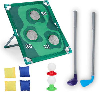 Eddy Toys 2-in-1-Golf- und Cornhole-Set – Spielzeug für drinnen und draußen für Jungen und Mädchen – mit Golfbällen, Sitzsäcken, Golfschlägern und Spielbrett – Spielzeug-Wurfspiel und Minigolf – Kunststoff – Grün