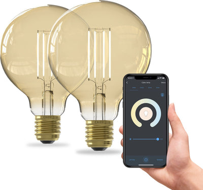 Calex Smart-Lampe – 2er-Set – WiFi-LED-Filamentbeleuchtung – Globus 9,5 cm – E27 – Smart-Glühbirne Gold – dimmbar – warmweißes Licht – 7 W