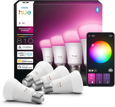Philips Hue Smart LED A60 Lampe, weißes und farbiges Licht, E27-Fassung, 4er-Pack