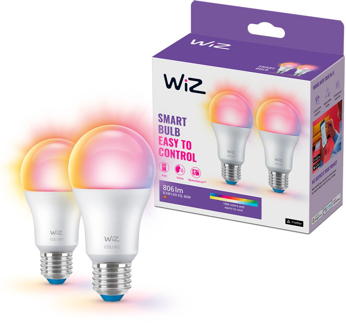 Wiz-Lampe 2er-Pack – intelligente LED-Beleuchtung – farbiges und weißes Licht – E27 – 60 W – matt – WLAN