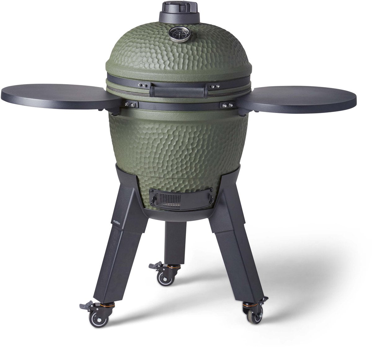 Moderner kompletter Kamado – klappbare Beistelltische und schwarze Beine mit Rädern mit Bremsen – 8 bis 12 Personen – grün