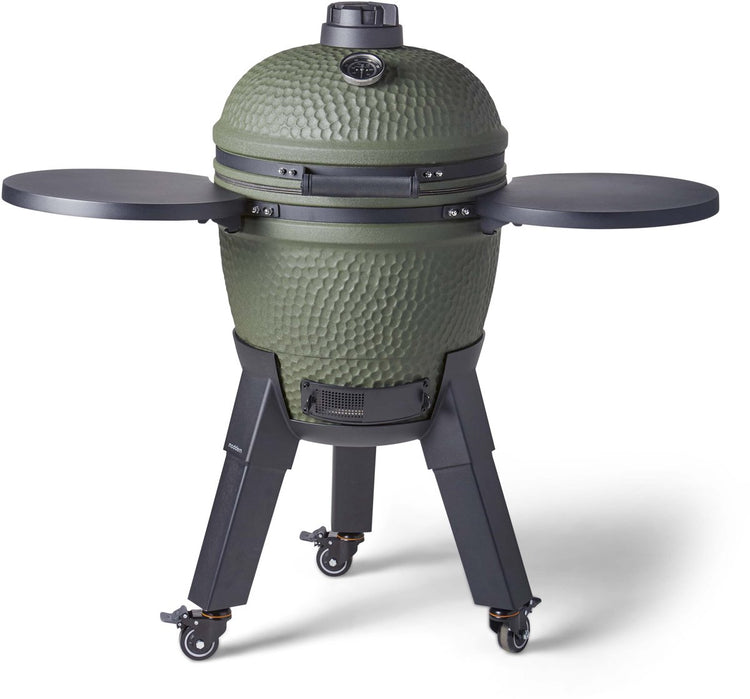 Moderner kompletter Kamado – klappbare Beistelltische und schwarze Beine mit Rädern mit Bremsen – 8 bis 12 Personen – grün
